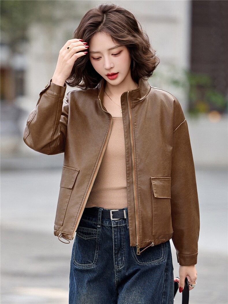 2026年春季新款现货潮流皮衣休闲外套气质时尚立领女装,女装皮衣,臻衣坊