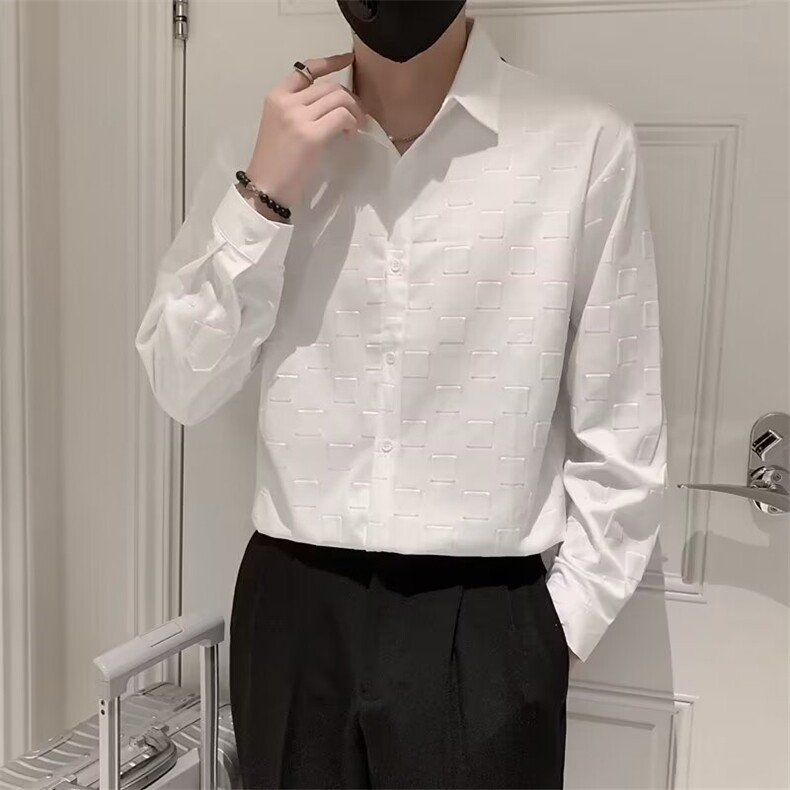 黑色衬衫男长袖格子纯色痞帅上衣外套休闲男装冰丝白衬衣C305,男装衬衫,星座1116A-2（原606A-1）