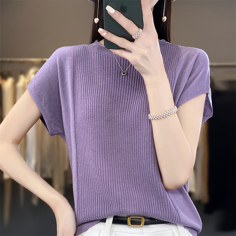 一字领冰丝针织短袖女夏季薄款外穿百搭t恤上衣2023新款宽松半袖,女装羊毛衫,丹芙娇羊绒