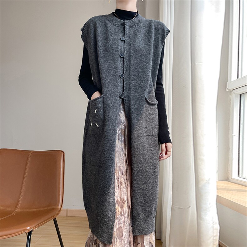 时尚气质简约安迪绒长款兜刺绣马甲百搭潮流，女装马甲，圣丽羊绒