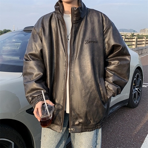 新款现货 PU皮复古做旧绣花大码棉衣男  225-2-Y210-P150 控198图片