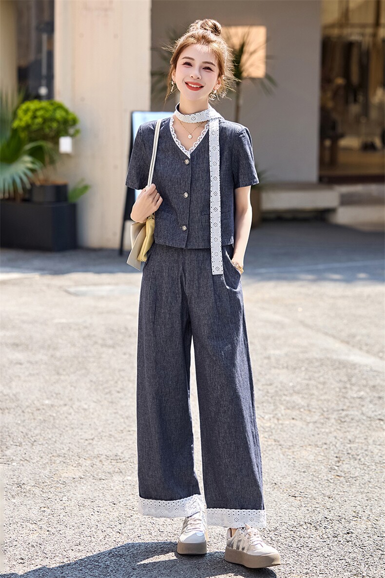 牛仔套装女2025夏季新款韩系小香风气质蕾丝九分阔腿裤穿搭一整套,女装套装/套裙,布芭啦