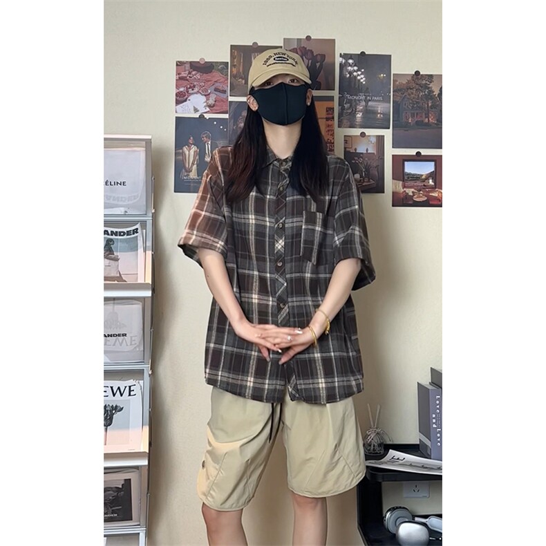 韩版潮流复古格子大码翻领短袖衬衫内搭外套DC2223-P24【特价】,男装T恤,电商A007