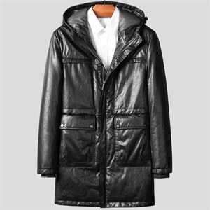 W21126海宁皮衣男头层牛皮白鸭绒羽绒服连帽皮风衣冬P800,橙色冬裙搭配什么鞋子好看吗图片