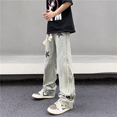 美式vibe裤子高街水洗牛仔裤男设计感小众拉链裤T1641P50，男装牛仔裤，星座1116-2