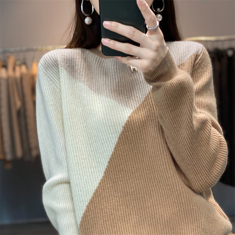 圆领拼色新款秋冬季针织衫羊毛衫女2024年秋季,女装羊毛衫,琳尚羊绒