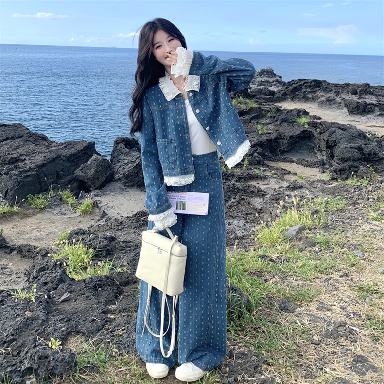 蓝色蕾丝花边牛仔衬衫套装女2025秋季新款学院风休闲阔腿裤两件套,女装套装/套裙,2C198