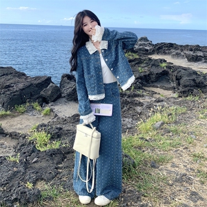 蓝色蕾丝花边牛仔衬衫套装女2025秋季新款学院风休闲阔腿裤两件套图片