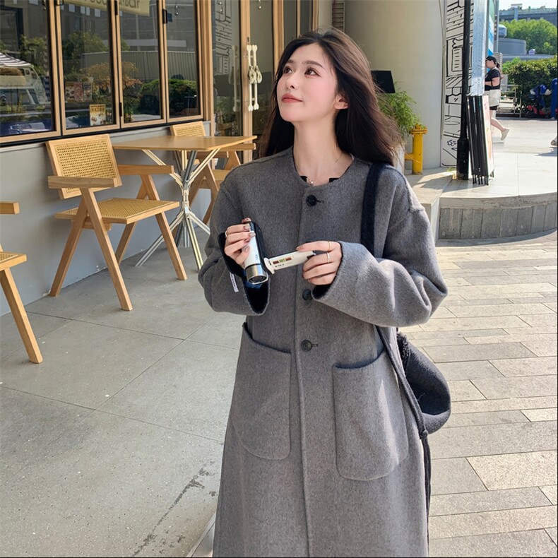 现货2025新款双面羊毛呢正反两穿多种搭配连帽羊毛大衣外套,女装双面呢大衣,丝露依尚（原SL）
