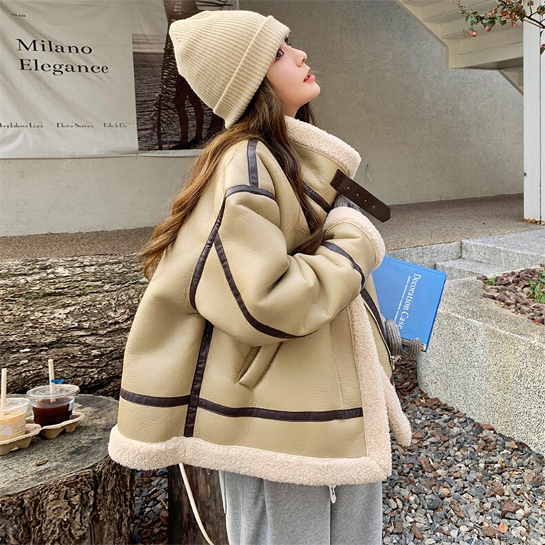 皮毛一体皮衣机车服女2024冬季新款港风复古流行小个子羊羔毛外套,女装短外套,2C085