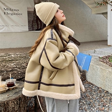 皮毛一体皮衣机车服女2024冬季新款港风复古流行小个子羊羔毛外套，女装短外套，2C085