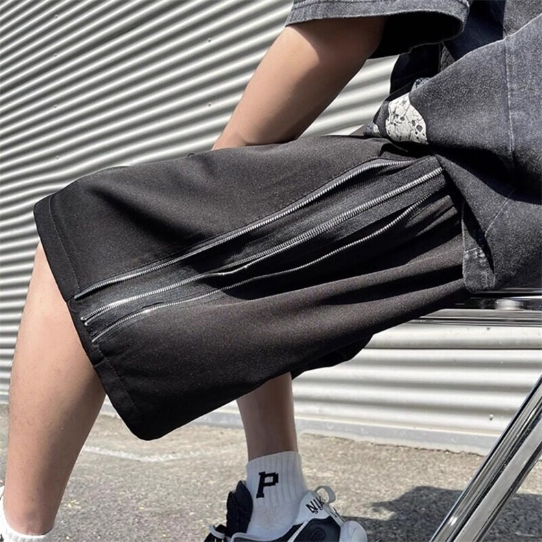 高街侧边拉链拼接短裤男街头潮流松紧腰阔腿66-P35，男装休闲裤，星座1109-3