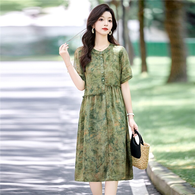 时尚休闲印花连衣裙女2025夏季新款宽松圆领木耳花边减龄碎花裙子,女装连衣裙,木橙西子