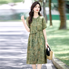 时尚休闲印花连衣裙女2025夏季新款宽松圆领木耳花边减龄碎花裙子，女装连衣裙，木橙西子