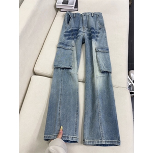 B221美式ins高街暗黑宽松直筒竹节纹工装牛仔裤LK26614-特P55控98图片