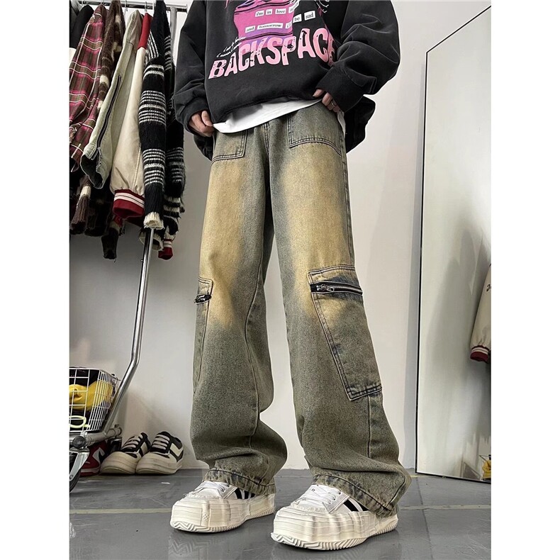 1506/Q1050/P52美式高街水洗多口袋工装牛仔裤宽松黑色阔腿裤子,男装牛仔裤,星座1506