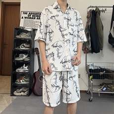 套装男女款夏季宽松泼墨短袖衬衫痞帅休闲短裤两件套TZ103-P43，男装衬衫，电商A178