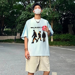 抖音得物品质二开240克宽松纯棉美式潮牌印花三条杠中性风短袖T恤图片