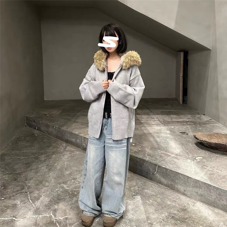 美式复古连帽开衫毛衣男女冬季毛领百搭休闲针织衫慵懒风情侣外套图片