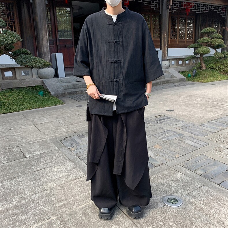 亚麻衬衫男短袖夏季宽松盘扣七分袖衬衣新中式唐装外套S45388-p45,男装衬衫,星座1008