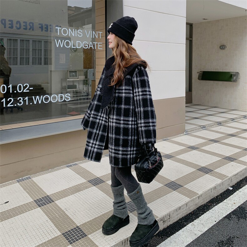 现货新款双面韩系格子披肩围巾双面羊绒大衣中长宽减龄羊毛呢外套，女装羊绒大衣，网红馆