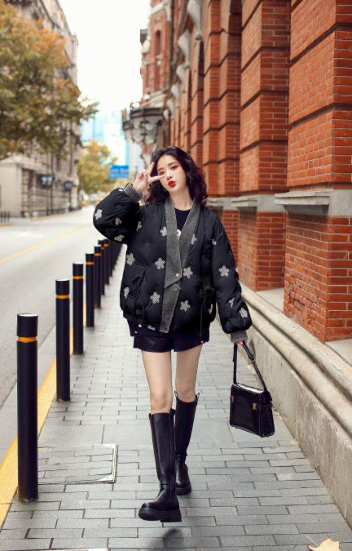 韩式牛仔领镶拼羽绒服（90绒），女装羽绒服，卡西姆