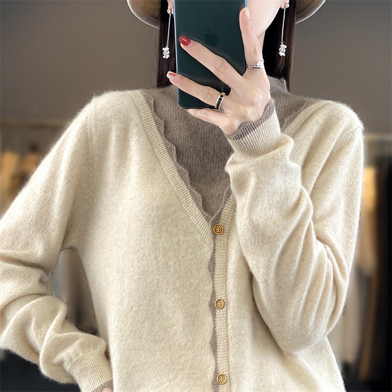 23秋冬新款100开衫女V领拼色花边宽松外套毛衣羊毛针织上衣,女装羊毛衫,朝辰羊绒