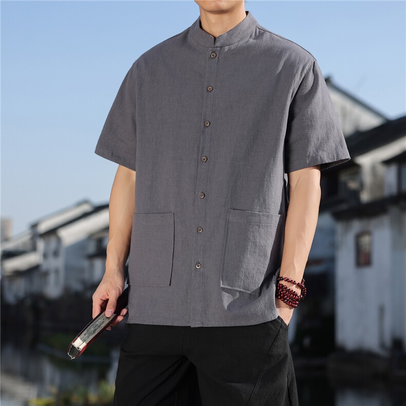 2026夏季新款风盘扣纯色休闲宽松大码苎麻T恤CS2606,男装T恤,电商A008