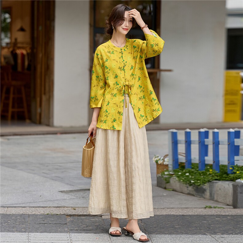 新中式（戏服改良版）印花宽松喇叭袖小衫配裙裤时尚气质两件套女,女装套装/套裙,水衣源