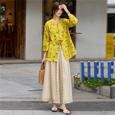 新中式（戏服改良版）印花宽松喇叭袖小衫配裙裤时尚气质两件套女，女装套装/套裙，水衣源