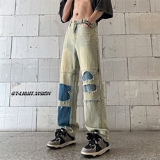 B221美式ins高街暗黑小众撞色破洞直筒牛仔裤LK23109-P65控88，男装牛仔裤，电商B221
