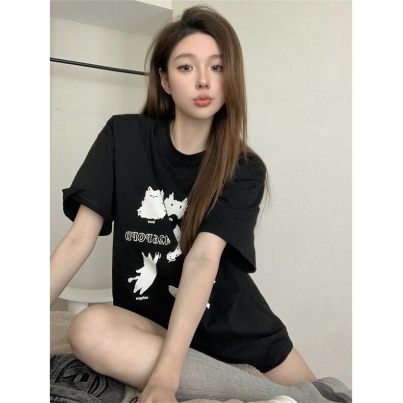 T0674-P25卡通猫咪印花纯棉短袖夏天美式复古圆领宽松上衣,男装T恤,星座617A-2
