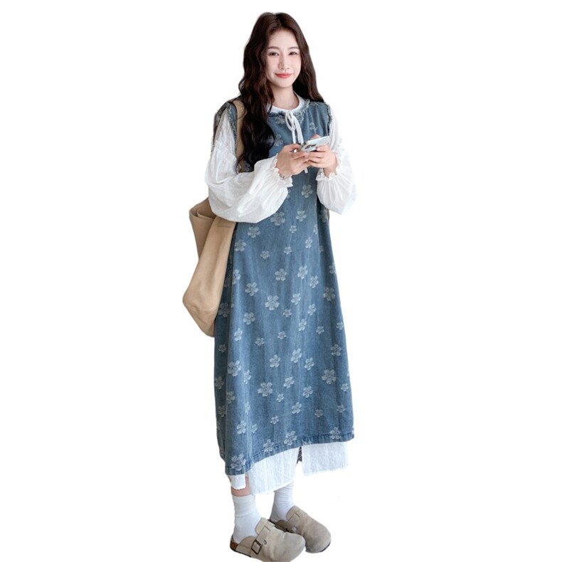新品重工水洗刺绣牛仔面料叠穿2件套装5601-P185-K298长袖,女装连衣裙,2C275