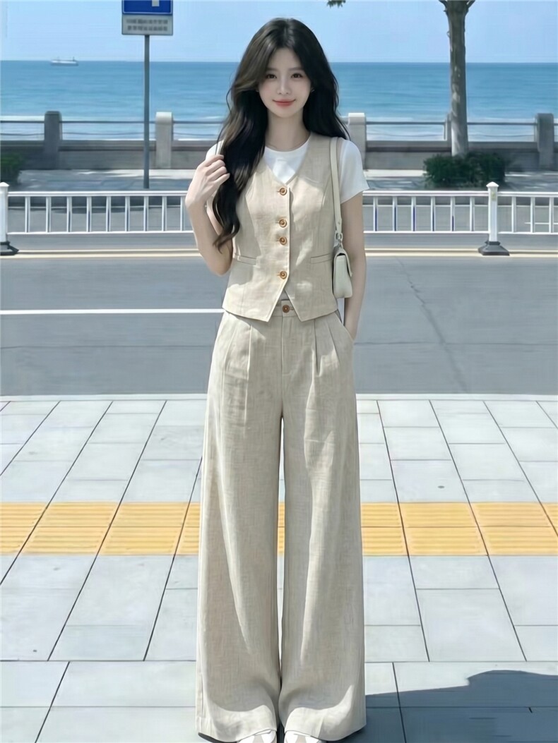 韩版休闲运动套装女款圆领纽扣马甲上衣内搭白色T恤阔腿裤三件套,女装套装/套裙,江南