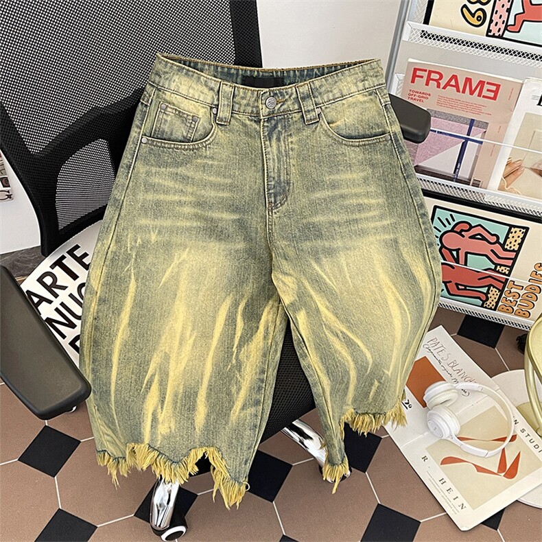 美式潮牌黄泥染洗水做旧牛仔短裤宽松五分中裤DK0574-P53，男装牛仔裤，星座308B-1