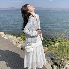 蓝色新中式提花外套女2025春秋新款国风上衣显瘦吊带连衣裙两件套，女装短外套，2C292