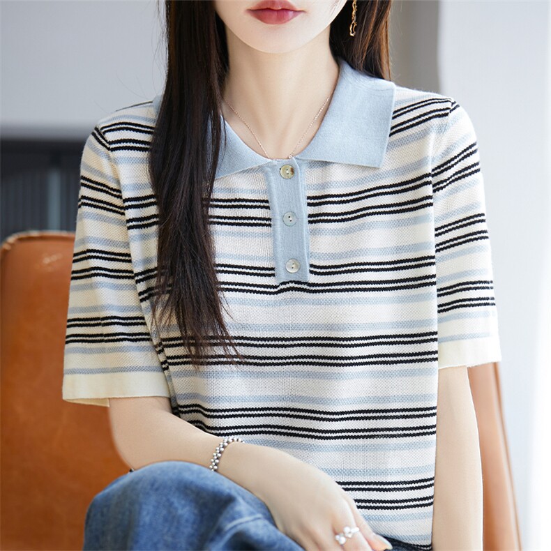 2025春夏新款polo领条纹针织短袖t恤女撞色翻领半袖打底衫薄上衣,针织衫/毛衣,唐诺