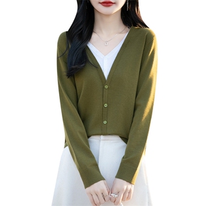 2025春秋新款V领假两件长袖针织外套女洋气减龄外搭毛衣薄款开衫图片