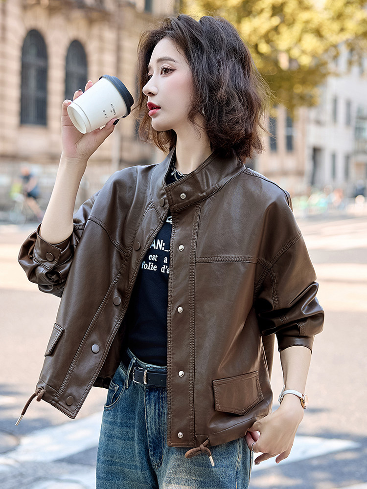 皮衣女短款2025春秋新款时尚休闲百搭真皮皮衣外套立领夹克上衣女,女装皮衣,臻衣坊