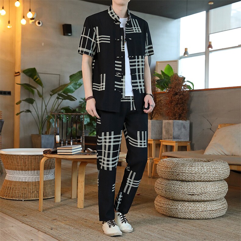 男士夏季风汉服棉麻透气舒适复古开衫唐装两件套 HO6931-P65图片