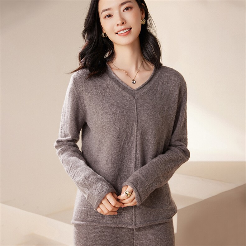 年度王炸浮雕加厚V领女毛衣套头宽松针织衫,女装羊绒衫,江帆羊绒