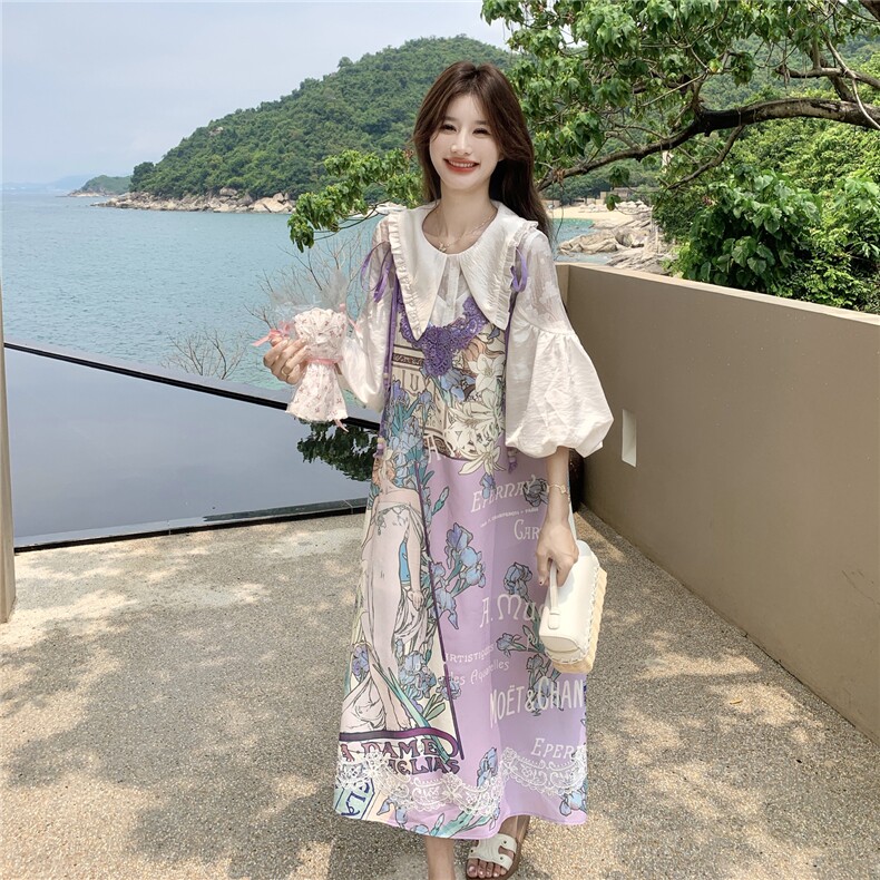 印花套装女夏季2026新款法式娃娃领衬衫蕾丝刺绣领口吊带裙两,女装连衣裙,艾米莉亚