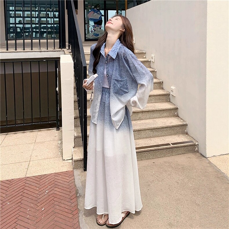 独特超好看套装设计感渐变蓝防晒衬衫半身裙两件套女,女装套装/套裙,2C028