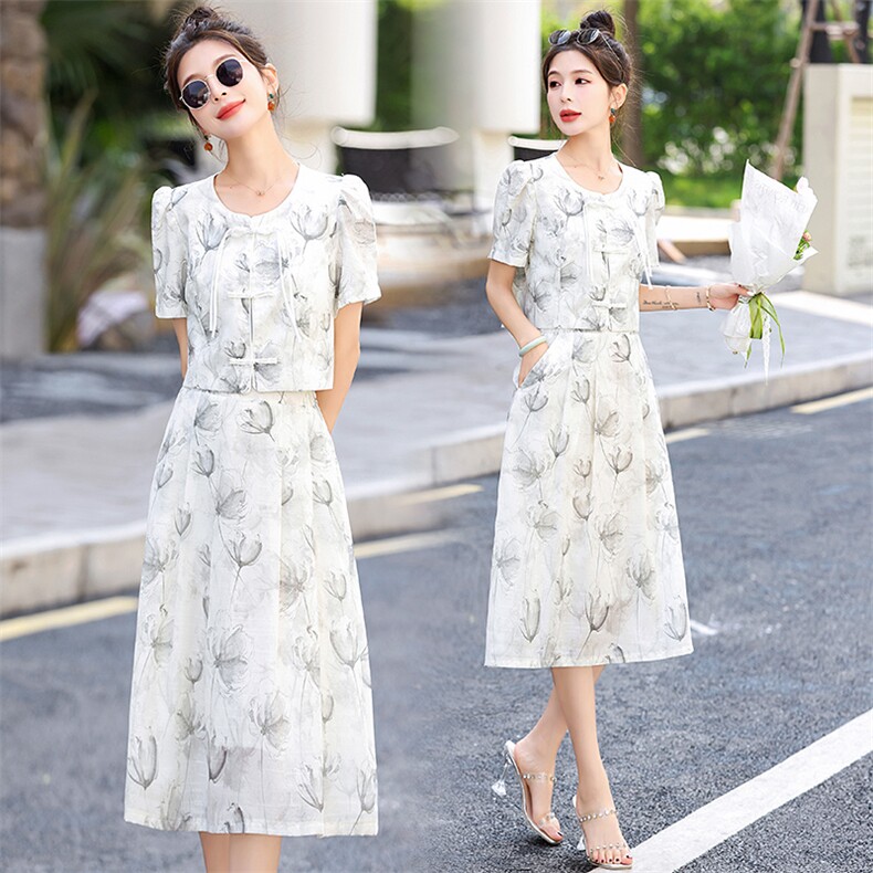 2024夏装新款时尚潮流气质复古印花两件套，女装套装/套裙，芭米依尚