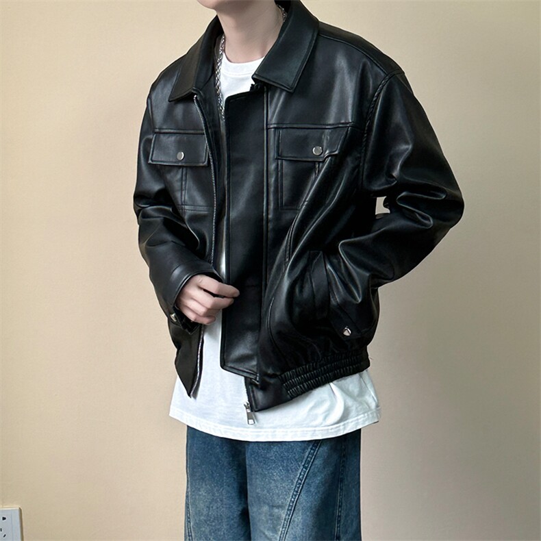 现货短款机车皮衣外套男宽松休闲痞帅皮夹克A351-AP2468-P105图片