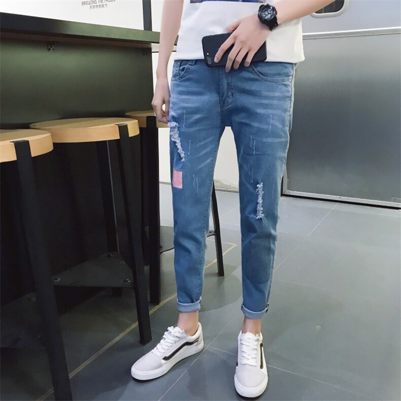 2021夏季九分牛仔裤男士韩版潮流修身弹力小脚破洞9分裤子805,男装牛仔裤,电商A318