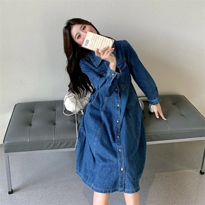 韩版复古牛仔连衣裙女2025年春秋季新款设计感收腰显瘦气质A字裙图片