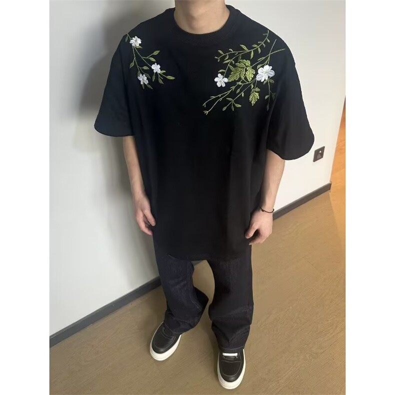 美式高街花卉重工前后刺绣短袖t恤男生夏季新款潮男女半袖上衣,男装T恤,星座1210-1