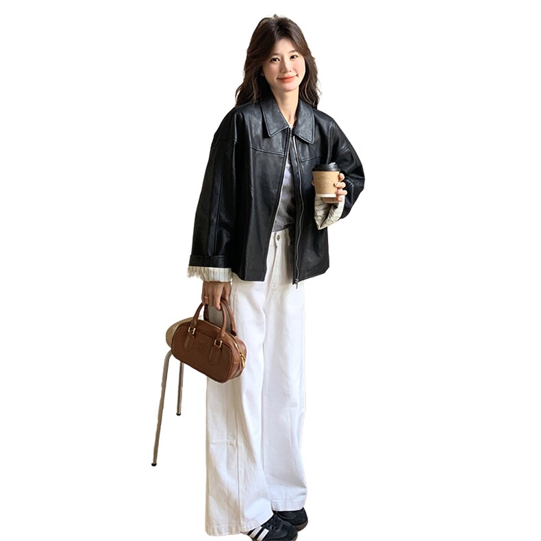 黑色复古短款皮衣外套女2025春季新款高级感休闲翻领pu皮夹克上衣,女装皮衣,2C176