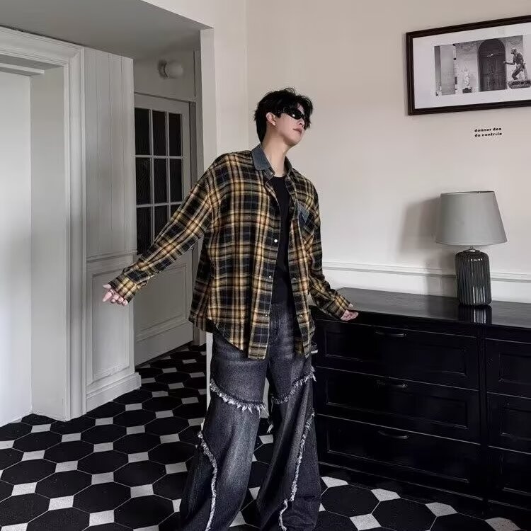C621美式复古长袖格子衬衫男穿搭潮牌情侣拼接牛仔领黄色格纹外套,男装衬衫,星座308A-1（原309B-1）